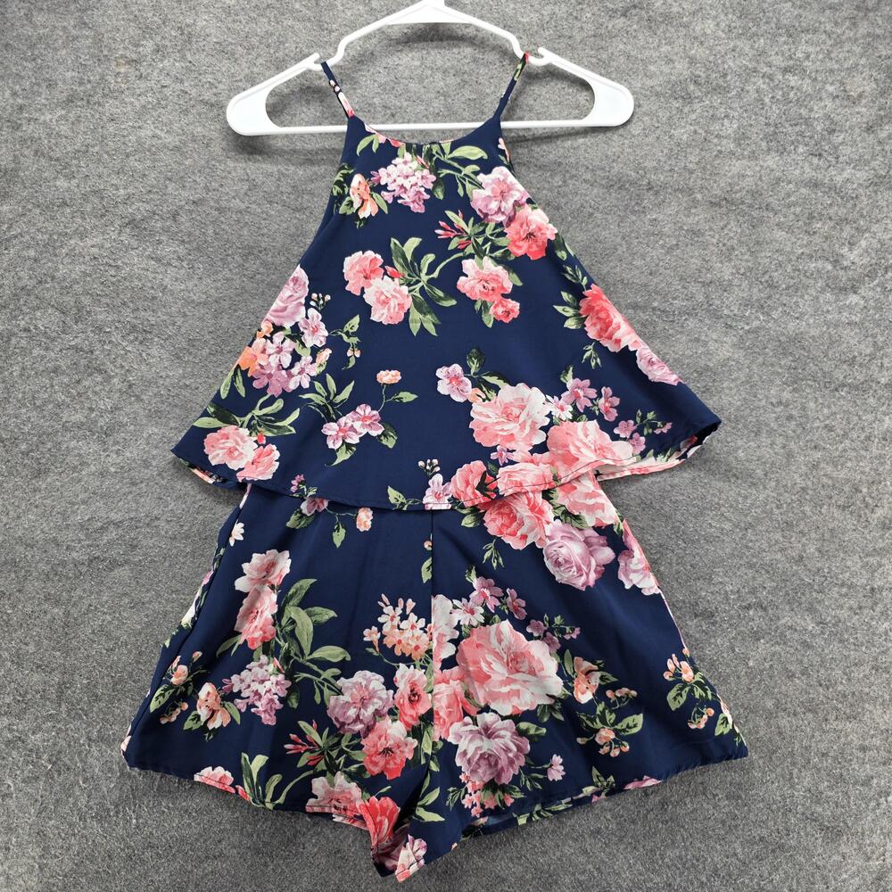 Lulus Romper Womens XS Navy Blue Floral Halter Ruffle Layered Sleeveless Shorts